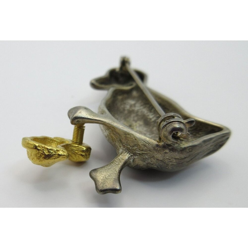 Vintage Pewter Mother Duck With Trembler Gold Tone Duckling Pin Brooch 2" - Picture 2 of 6